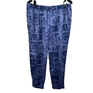 Halston Pants 18W Blue Pull On Slim Leg Ankle Silky Satin Casual Printed